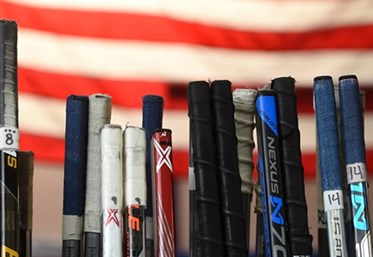 ZLIN, CZECH REPUBLIC - JANUARY 14: Game sticks prepared in Team USA's dressing room in advance of gold medal game action against Canada at the 2017 IIHF Ice Hockey U18 Women's World Championship. (Photo by Andrea Cardin/HHOF-IIHF Images)